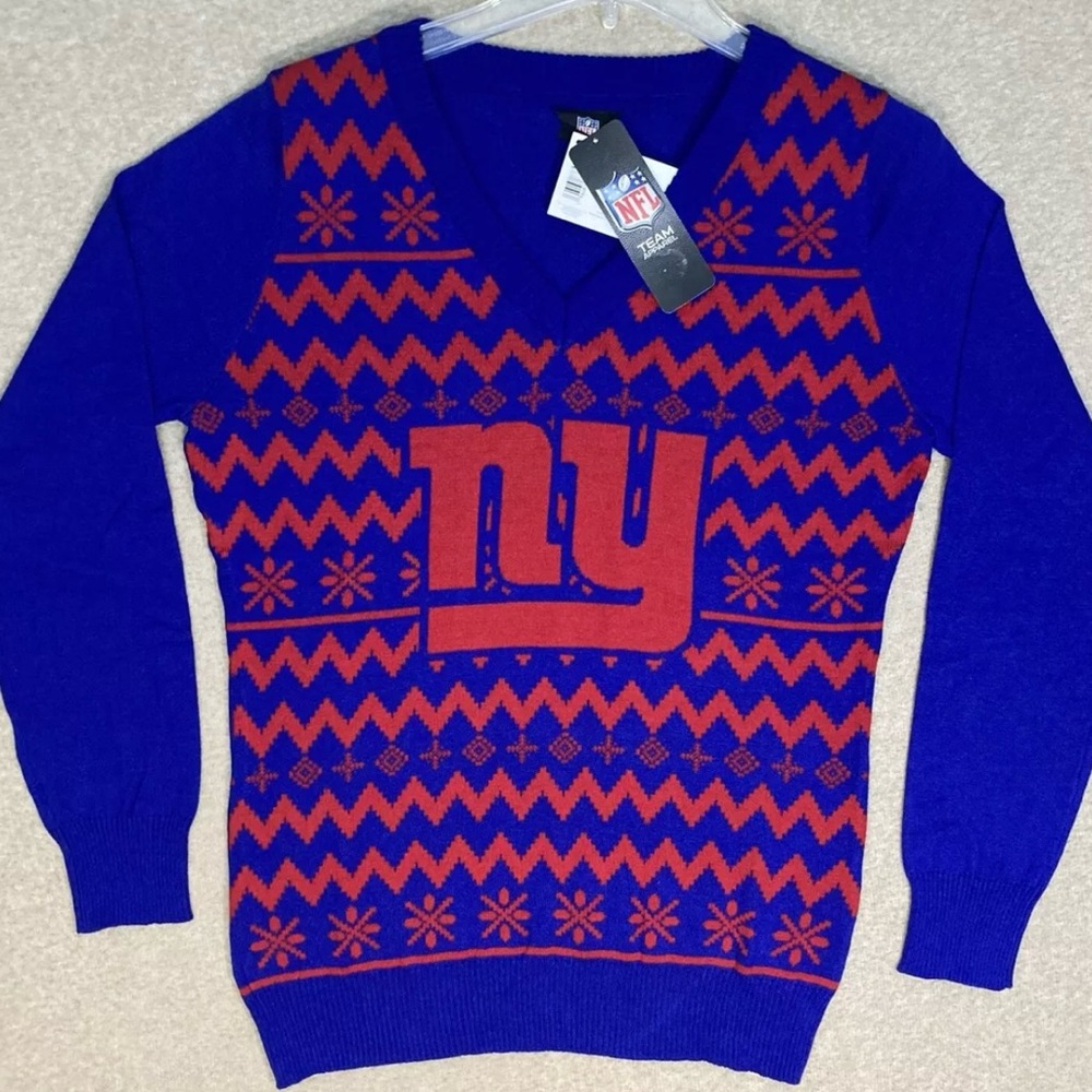 New York Giants Christmas Sweater‎ Women's Small Big Logo V-Neck NFL Red & Blue